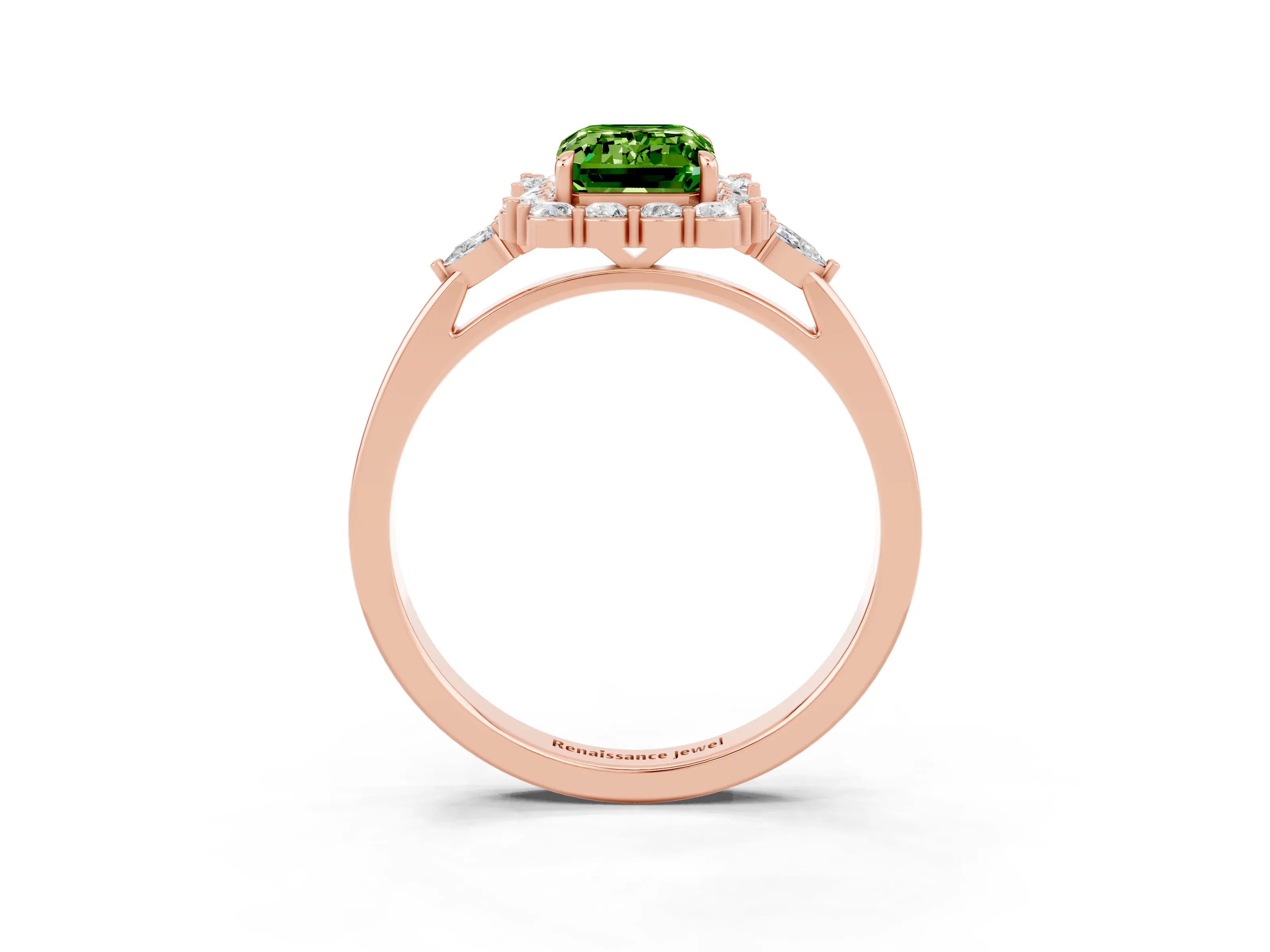 Rose gold Emerald Cut Peridot Halo Ring with Pear Side Stones and Prong Setting_15