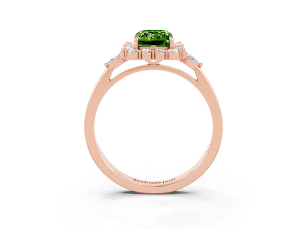 Rose gold Emerald Cut Peridot Halo Ring with Pear Side Stones and Prong Setting