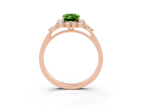 Rose gold Emerald Cut Peridot Halo Ring with Pear Side Stones and Prong Setting_15