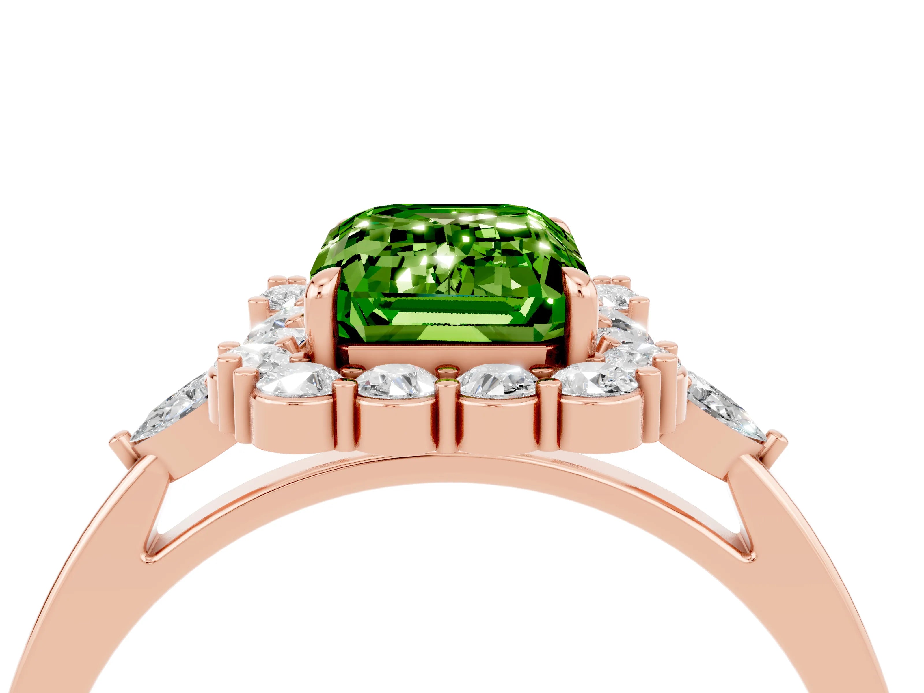 Rose gold Emerald Cut Peridot Halo Ring with Pear Side Stones and Prong Setting_16