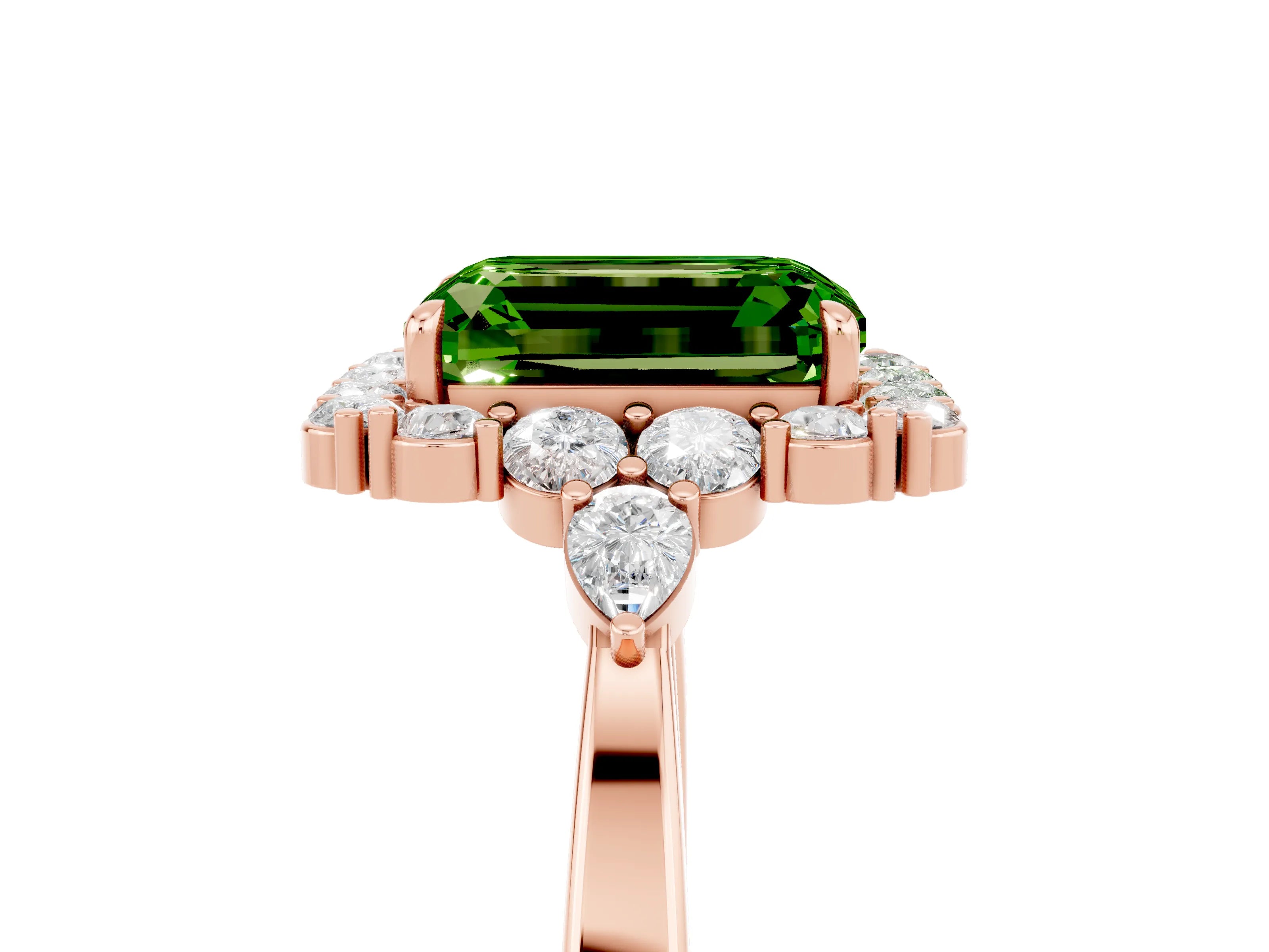Rose gold Emerald Cut Peridot Halo Ring with Pear Side Stones and Prong Setting_17