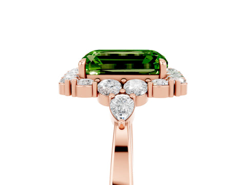 Rose gold Emerald Cut Peridot Halo Ring with Pear Side Stones and Prong Setting_17