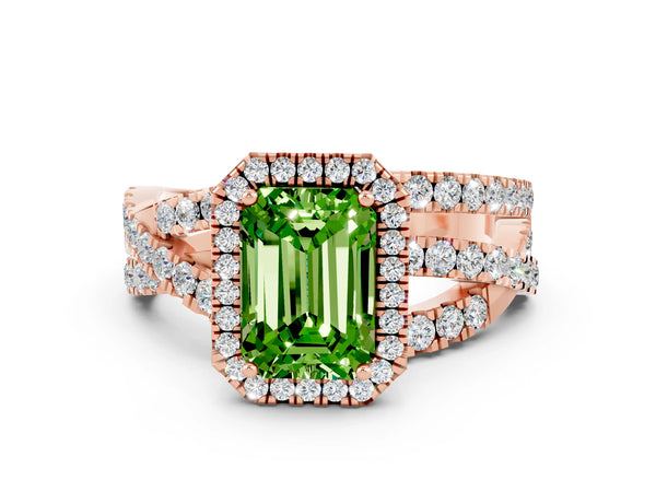 Rose gold Emerald Cut Peridot Halo Ring with Round Split Shank and Prong Setting