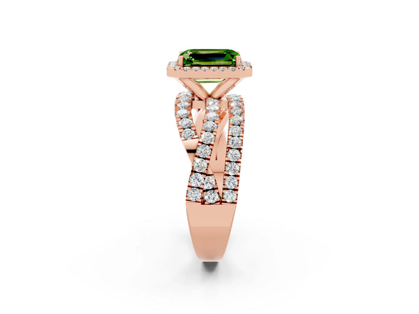 Rose gold Emerald Cut Peridot Halo Ring with Round Split Shank and Prong Setting