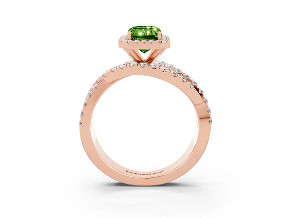 Rose gold Emerald Cut Peridot Halo Ring with Round Split Shank and Prong Setting
