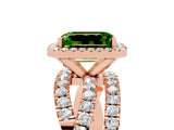 Rose gold Emerald Cut Peridot Halo Ring with Round Split Shank and Prong Setting_53