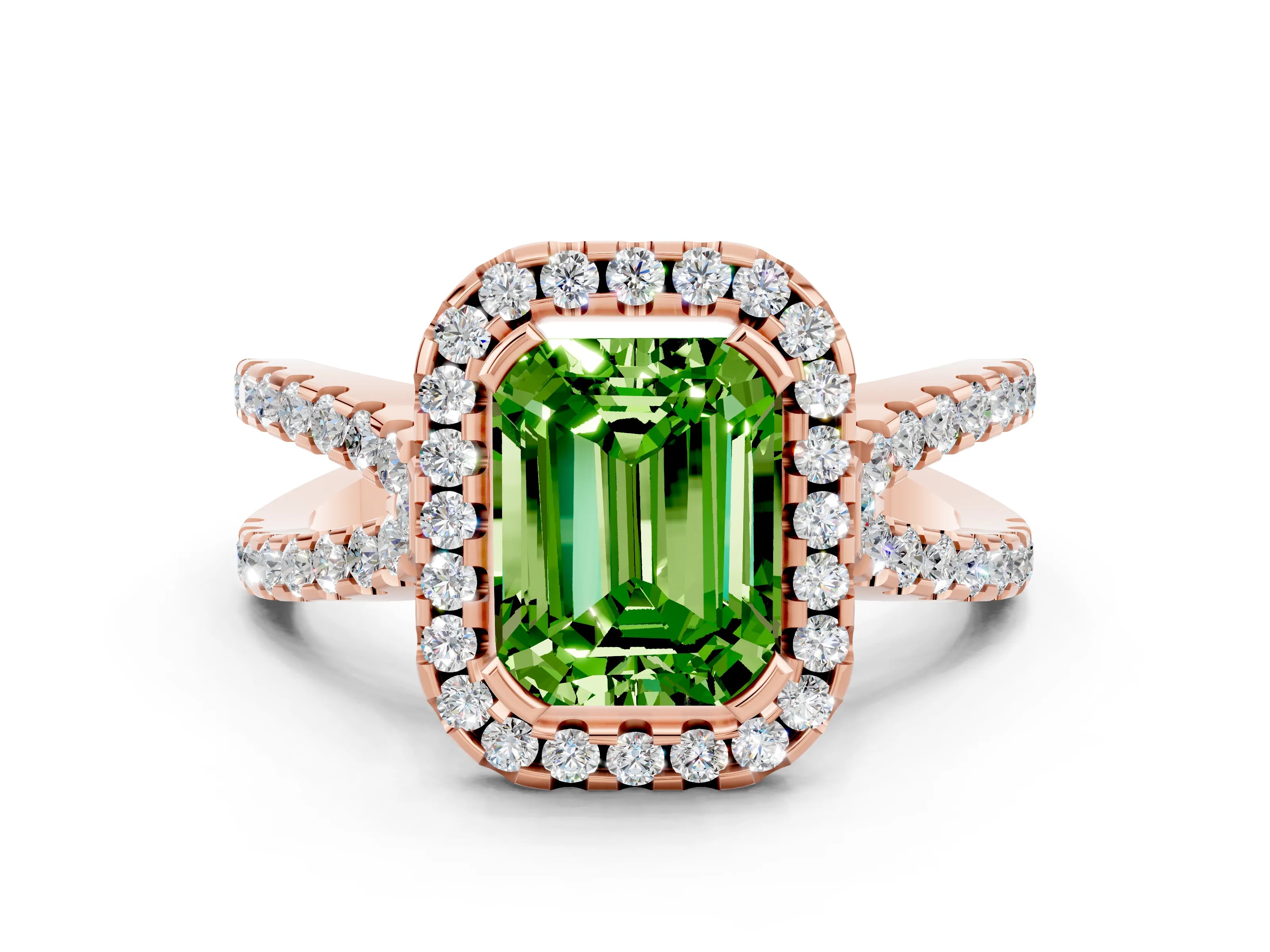 Rose gold Emerald Cut Peridot Halo Ring with Split Shank Pavé Band and Prong Setting