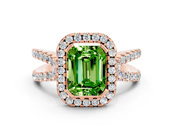 Rose gold Emerald Cut Peridot Halo Ring with Split Shank Pavé Band and Prong Setting