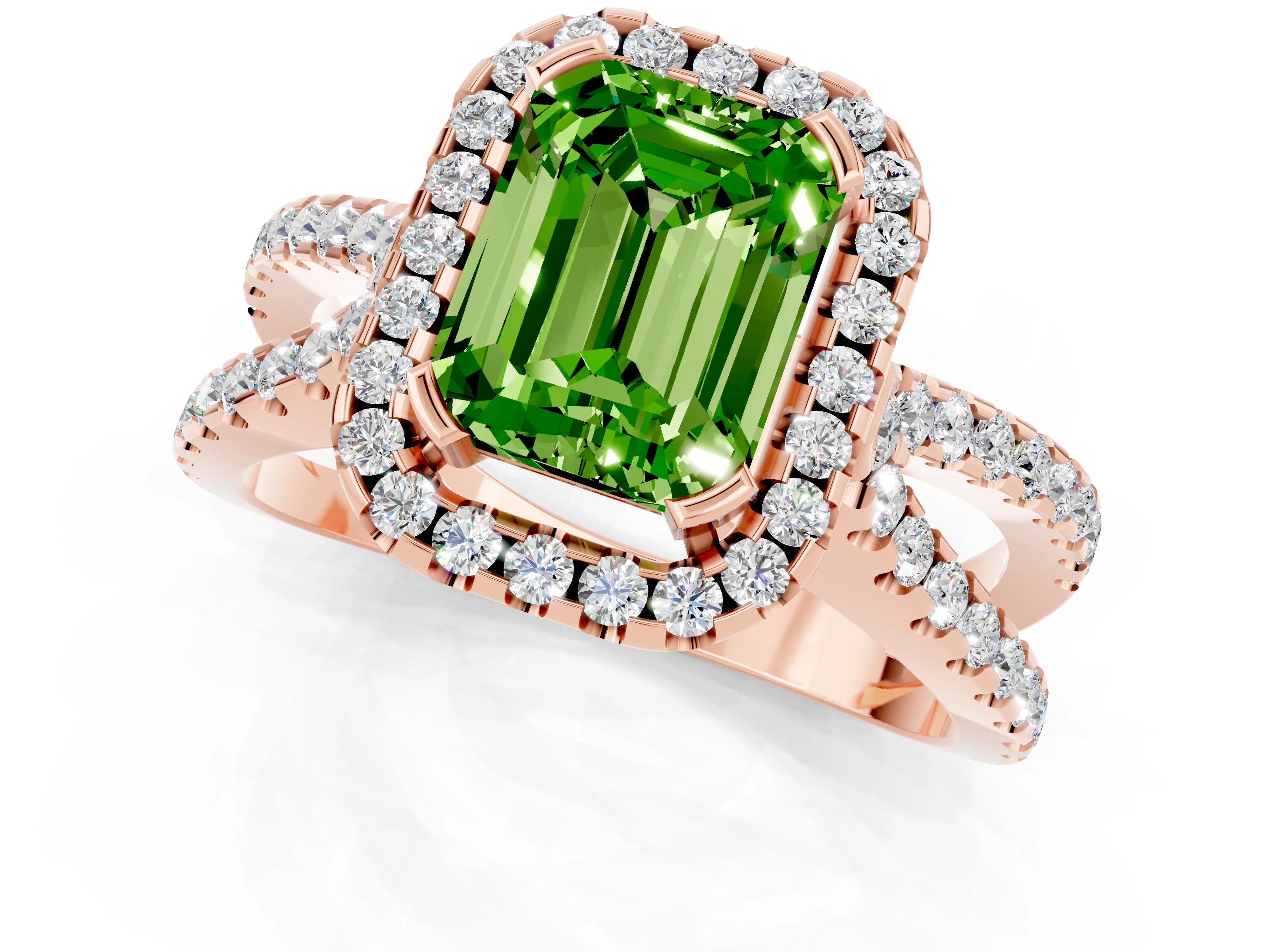 Rose gold Emerald Cut Peridot Halo Ring with Split Shank Pavé Band and Prong Setting_1