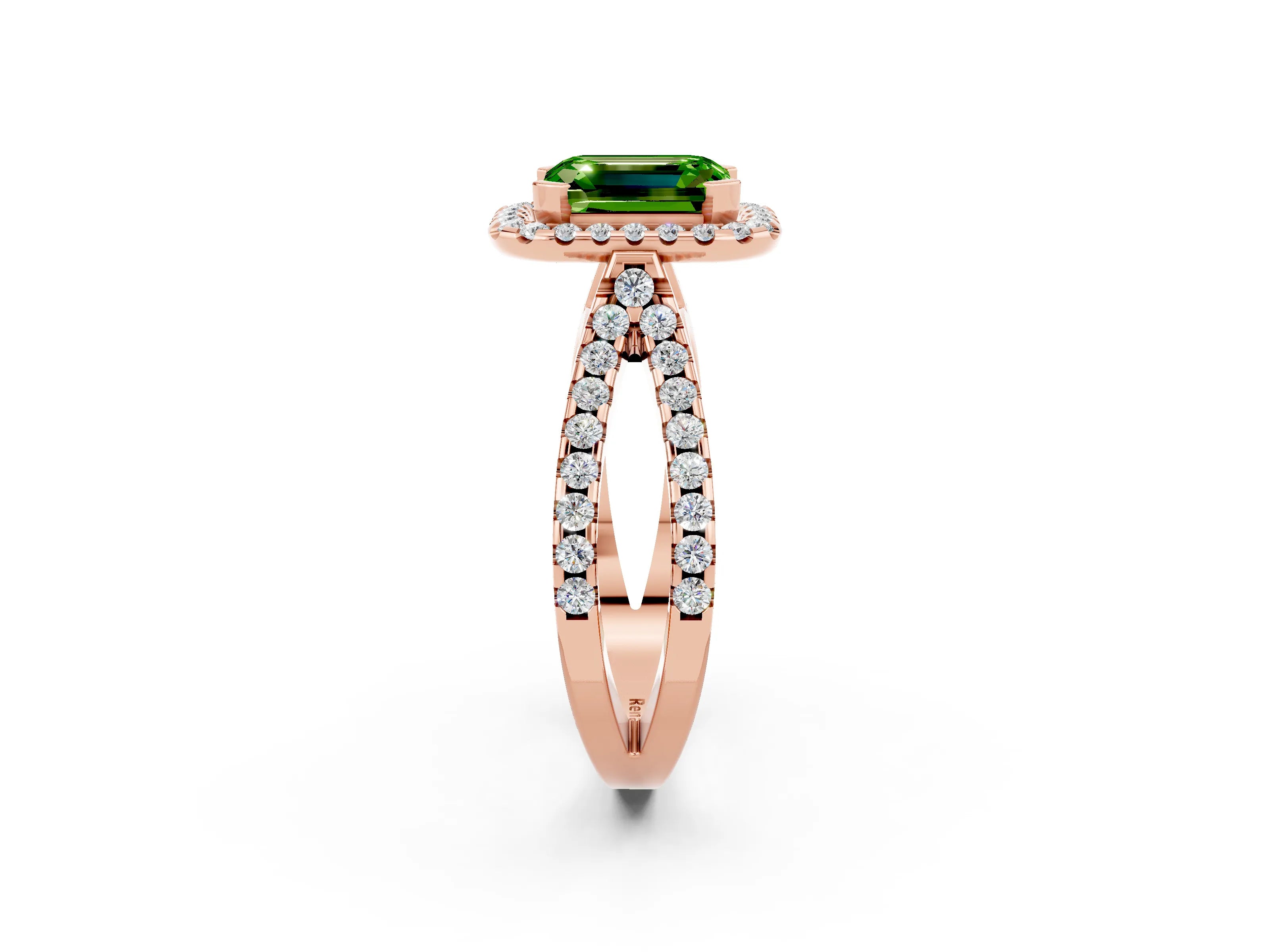 Rose gold Emerald Cut Peridot Halo Ring with Split Shank Pavé Band and Prong Setting_2