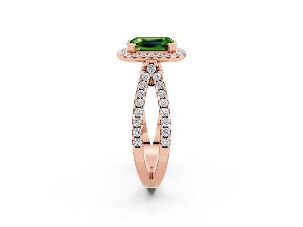 Rose gold Emerald Cut Peridot Halo Ring with Split Shank Pavé Band and Prong Setting
