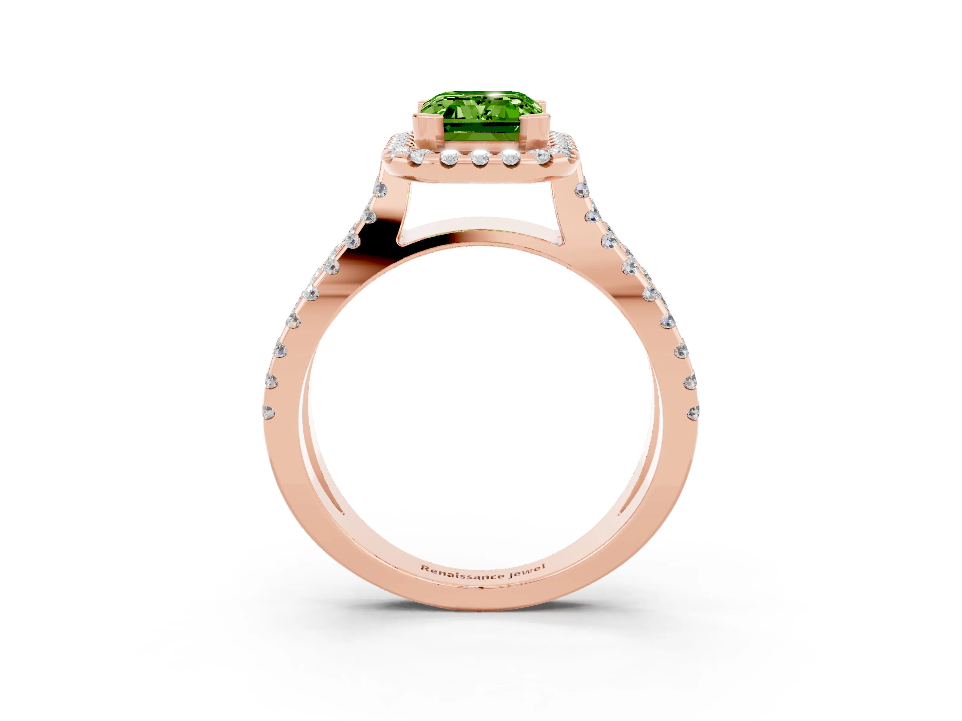 Rose gold Emerald Cut Peridot Halo Ring with Split Shank Pavé Band and Prong Setting_3