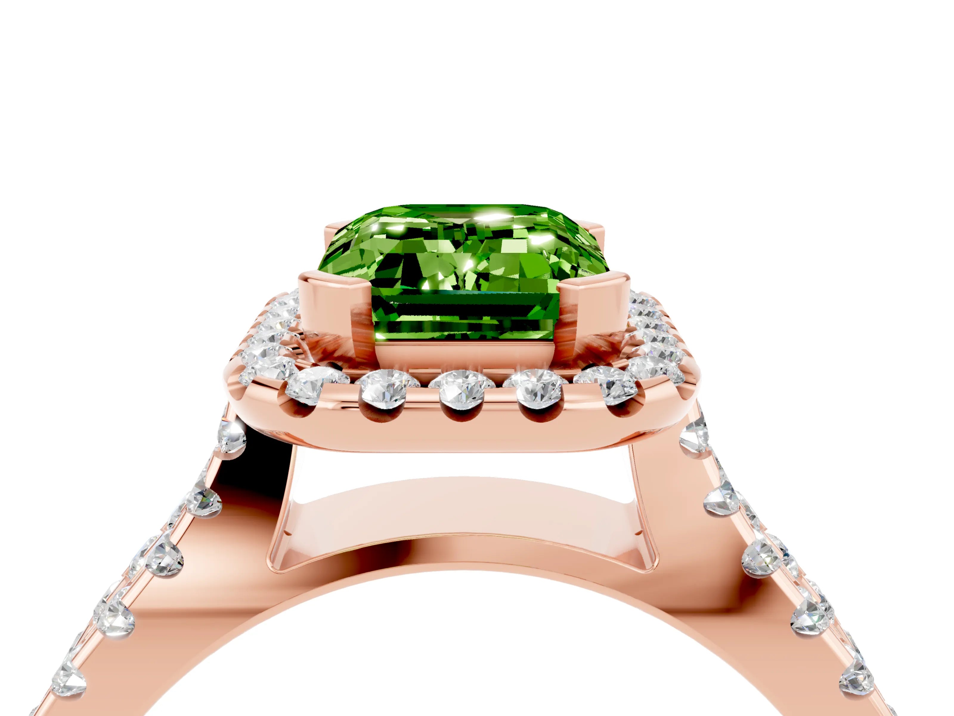Rose gold Emerald Cut Peridot Halo Ring with Split Shank Pavé Band and Prong Setting_4