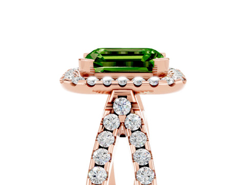 Rose gold Emerald Cut Peridot Halo Ring with Split Shank Pavé Band and Prong Setting_5