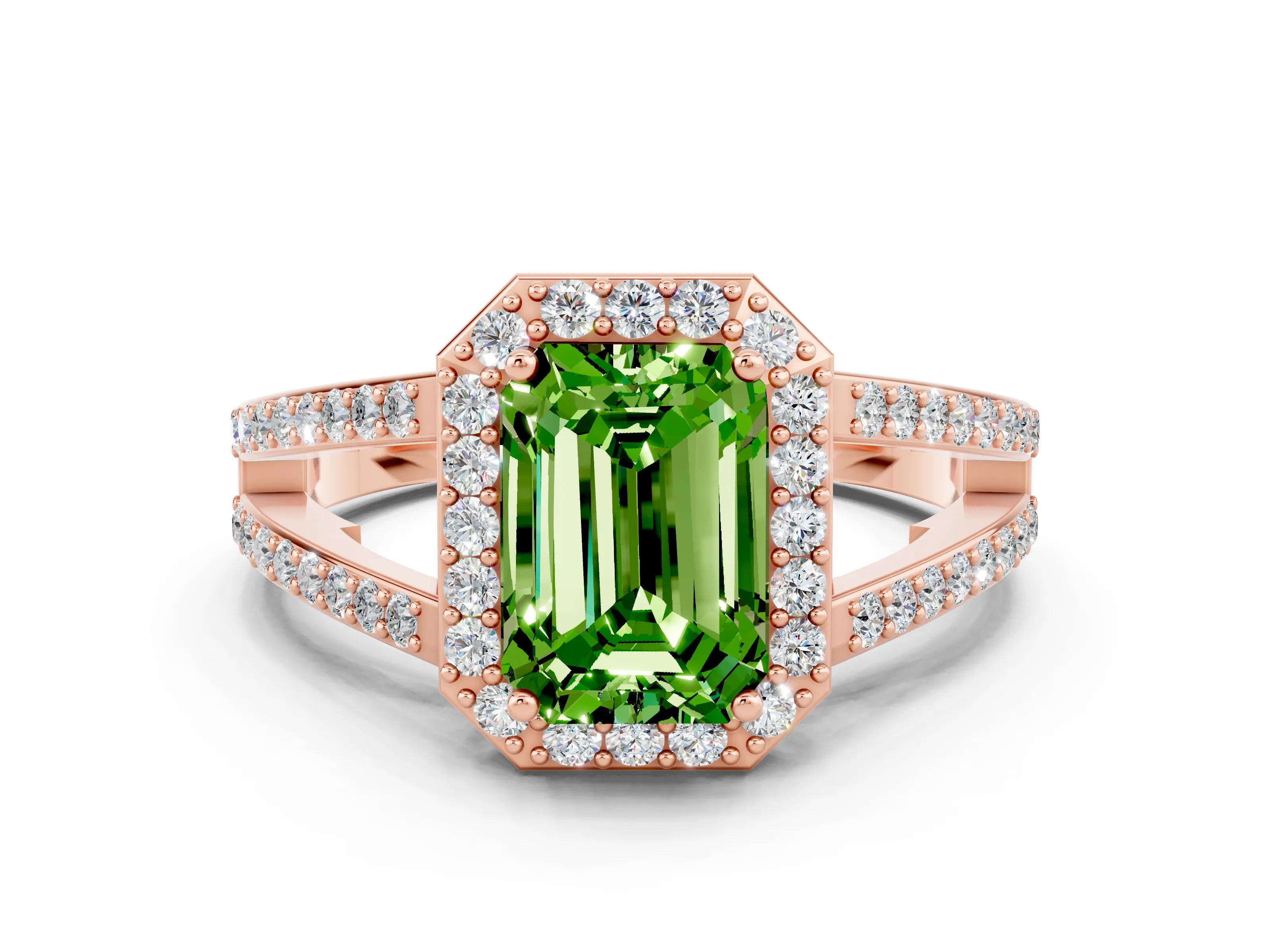 Rose gold Emerald Cut Peridot Halo Ring with Split Shank U-Prong Band and Four-Prong Setting
