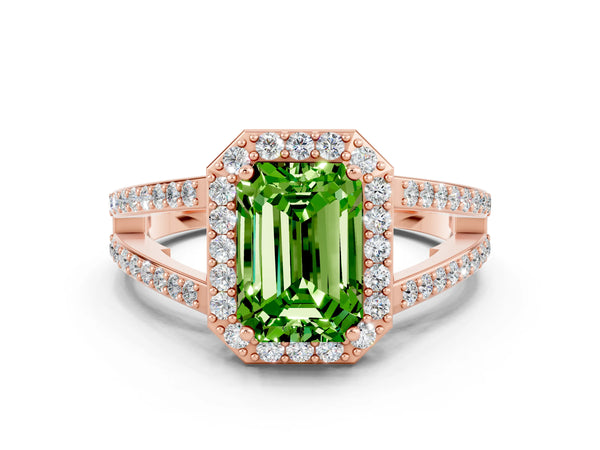 Rose gold Emerald Cut Peridot Halo Ring with Split Shank U-Prong Band and Four-Prong Setting