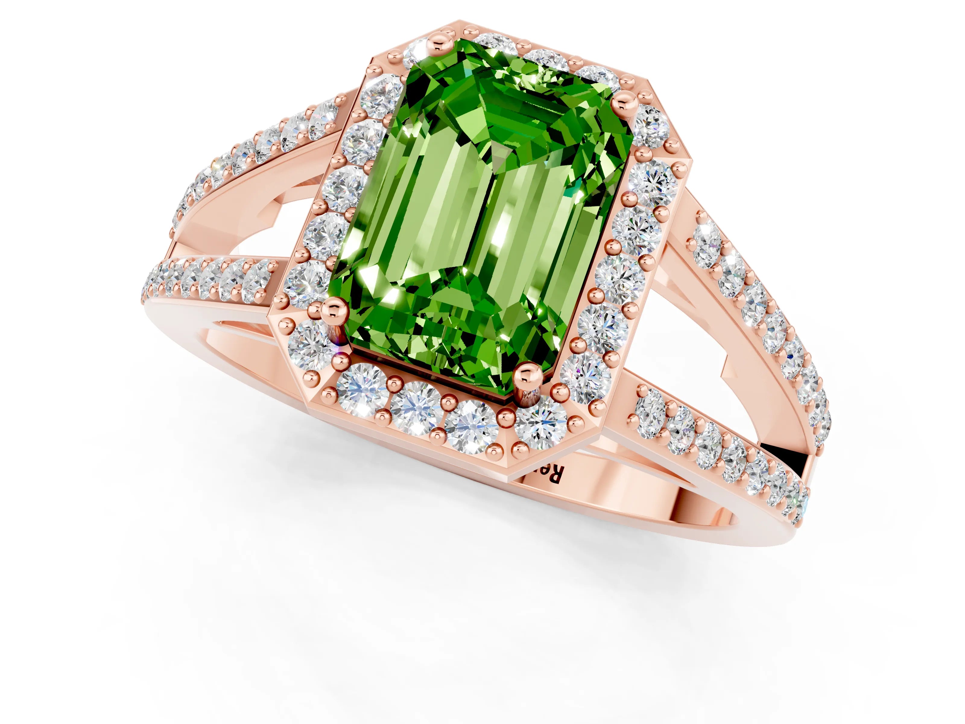 Rose gold Emerald Cut Peridot Halo Ring with Split Shank U-Prong Band and Four-Prong Setting_1