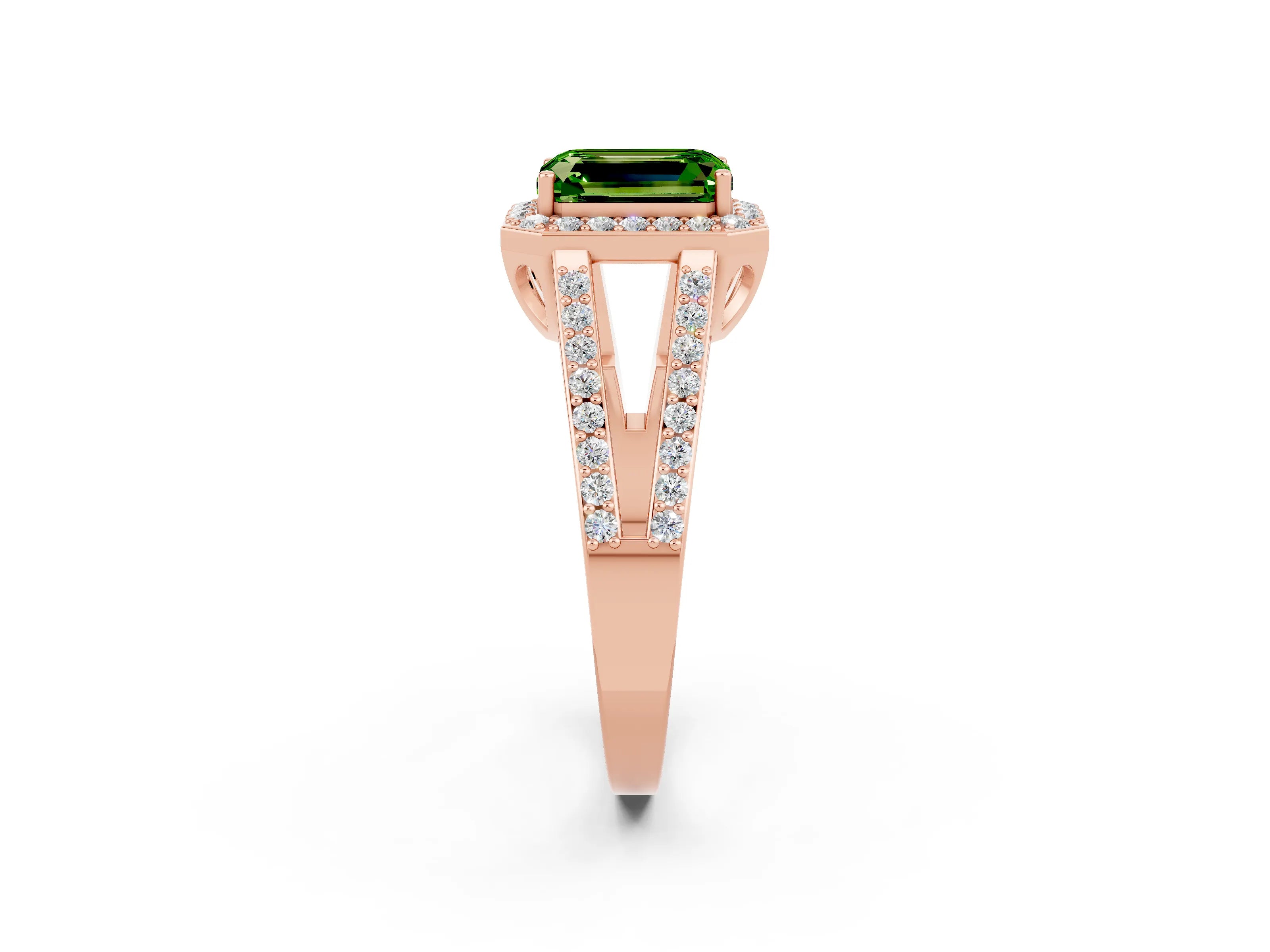 Rose gold Emerald Cut Peridot Halo Ring with Split Shank U-Prong Band and Four-Prong Setting_2