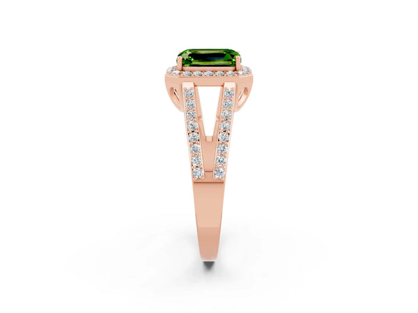 Rose gold Emerald Cut Peridot Halo Ring with Split Shank U-Prong Band and Four-Prong Setting