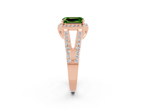 Rose gold Emerald Cut Peridot Halo Ring with Split Shank U-Prong Band and Four-Prong Setting_2