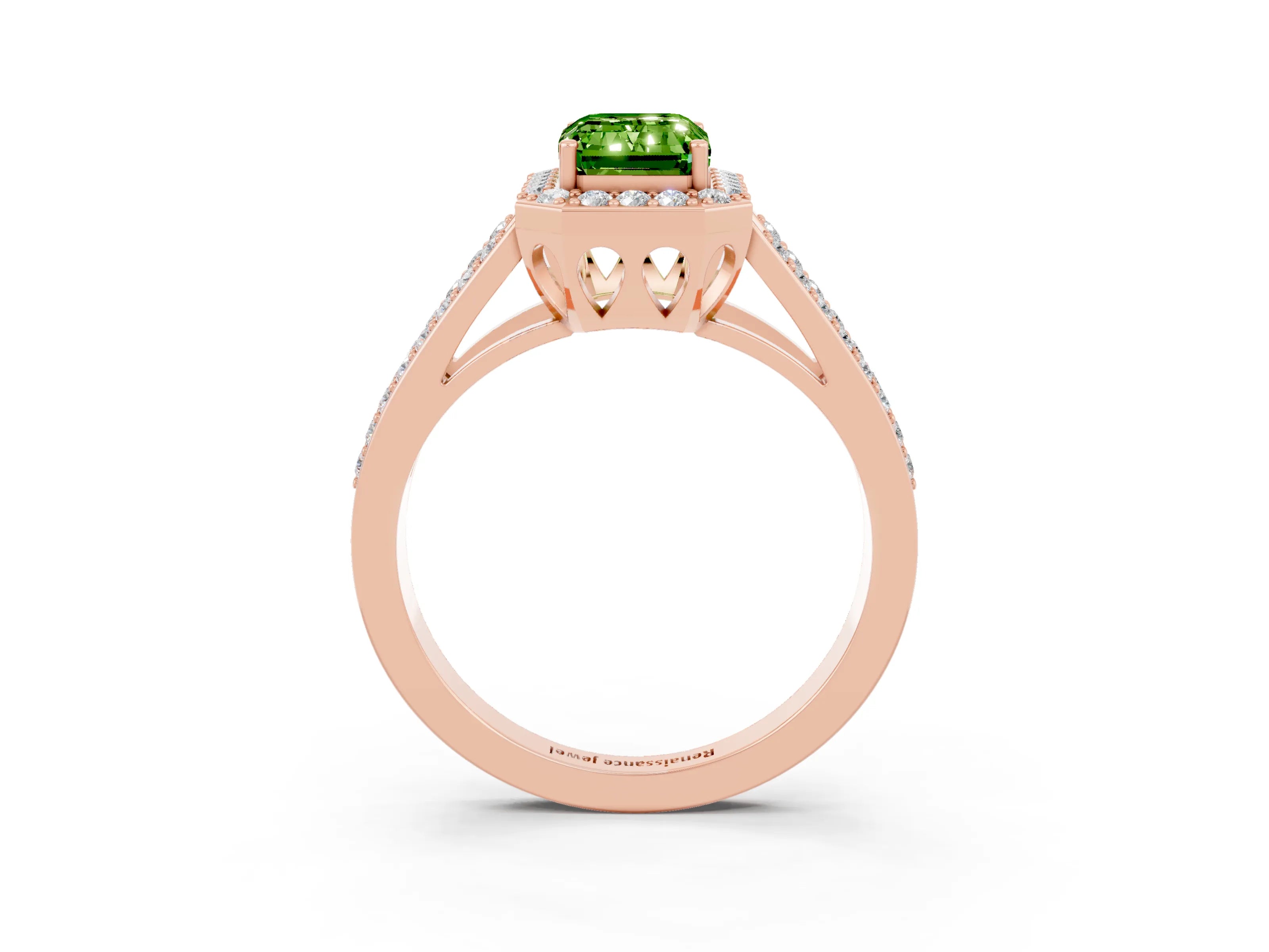 Rose gold Emerald Cut Peridot Halo Ring with Split Shank U-Prong Band and Four-Prong Setting_3