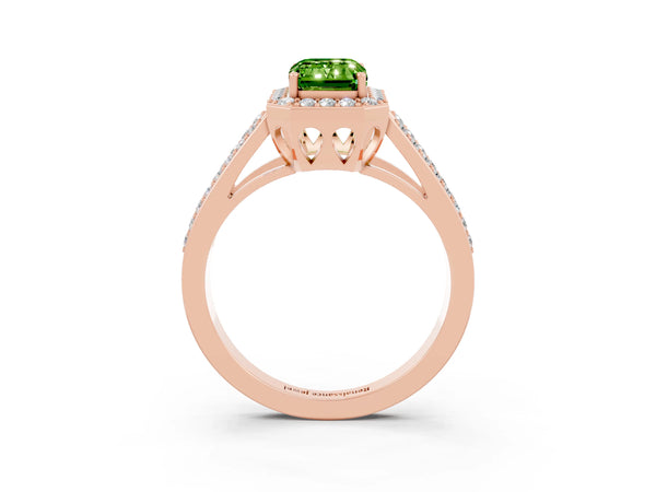Rose gold Emerald Cut Peridot Halo Ring with Split Shank U-Prong Band and Four-Prong Setting