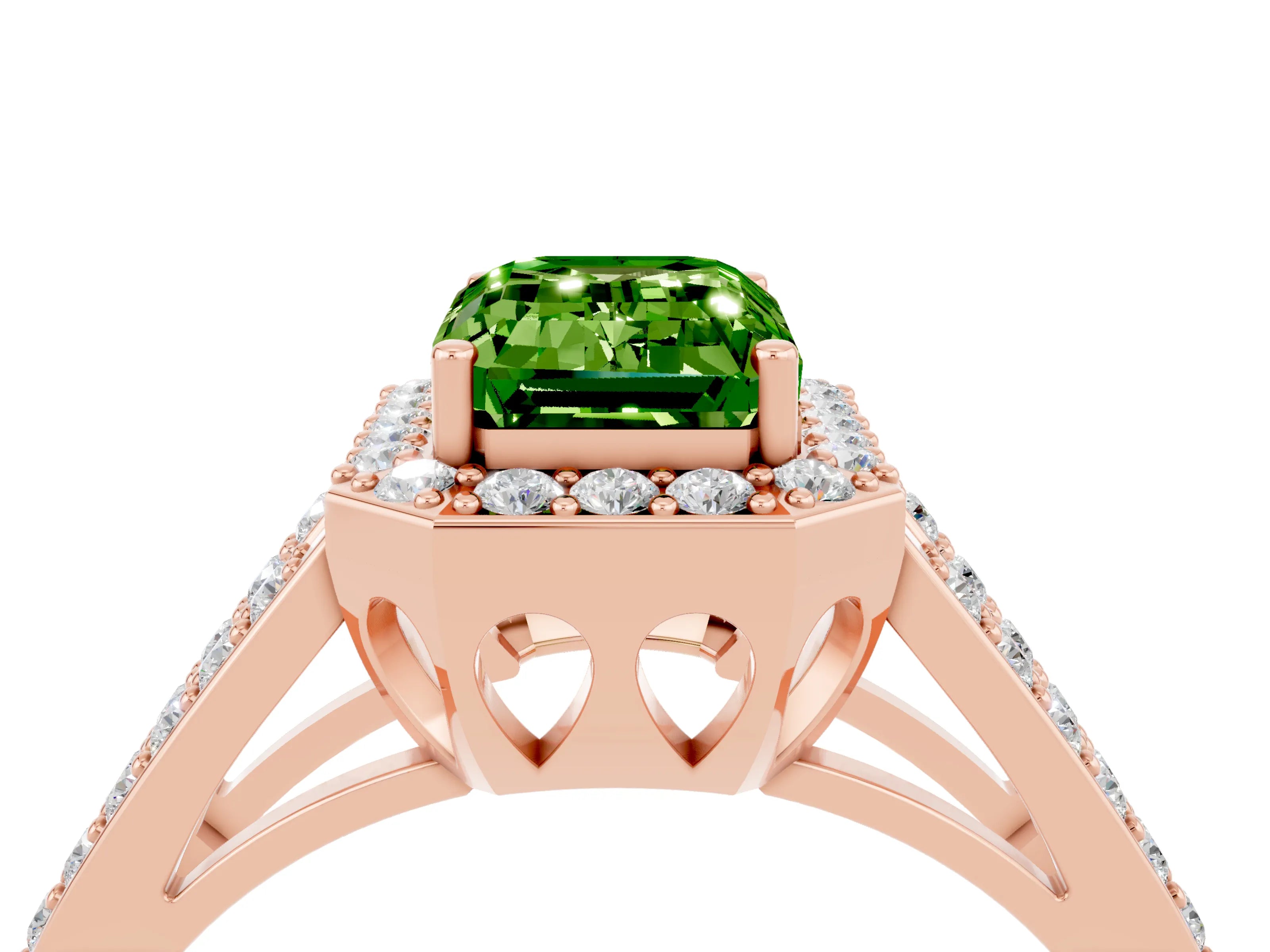 Rose gold Emerald Cut Peridot Halo Ring with Split Shank U-Prong Band and Four-Prong Setting_4