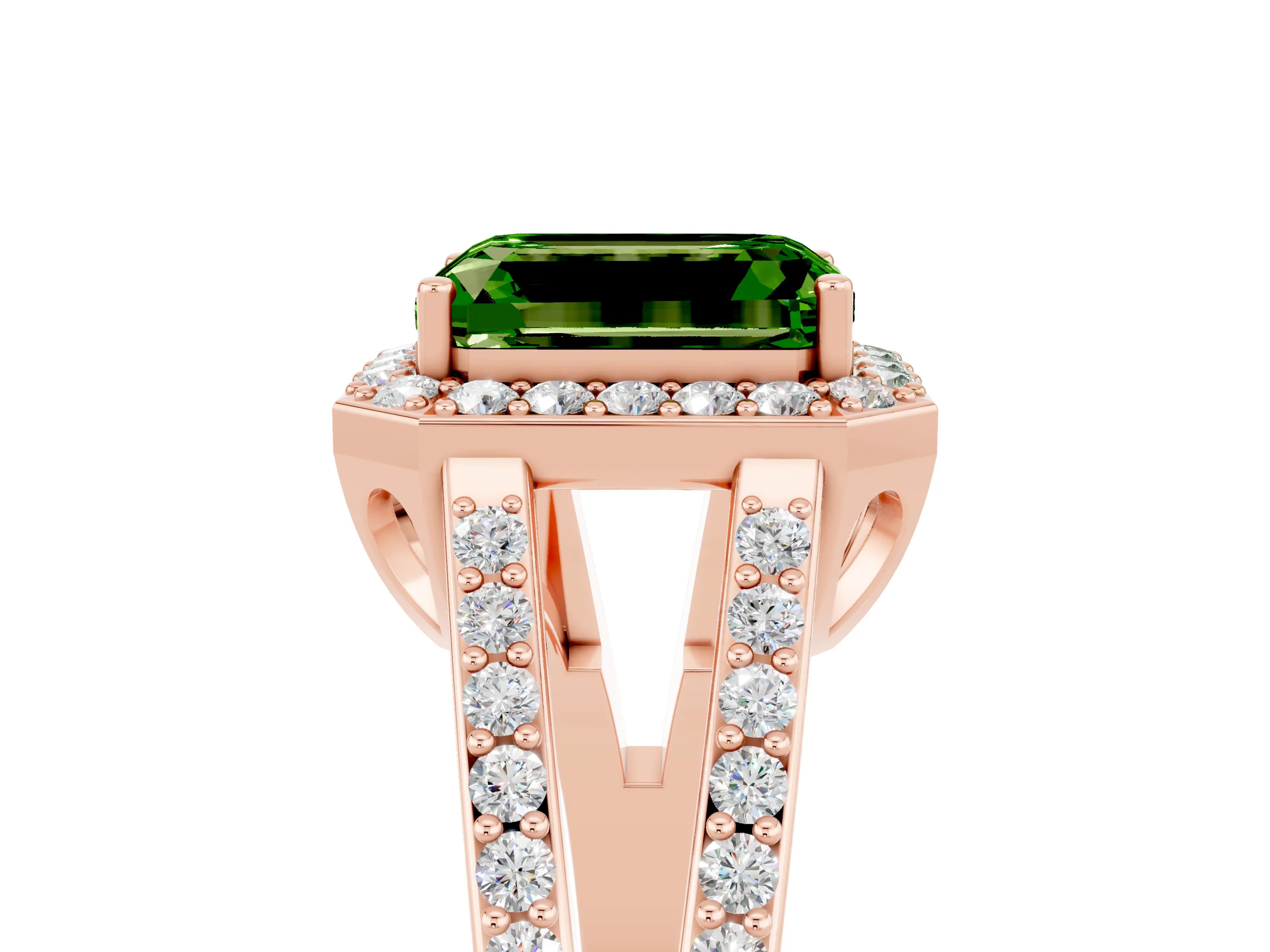 Rose gold Emerald Cut Peridot Halo Ring with Split Shank U-Prong Band and Four-Prong Setting_5