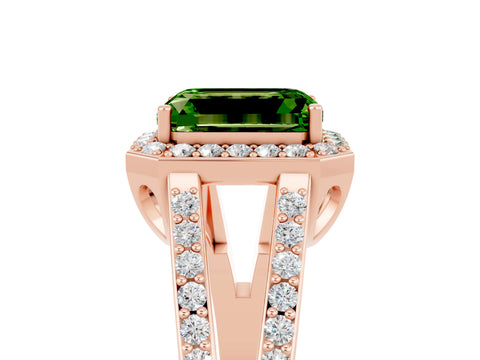Rose gold Emerald Cut Peridot Halo Ring with Split Shank U-Prong Band and Four-Prong Setting_5
