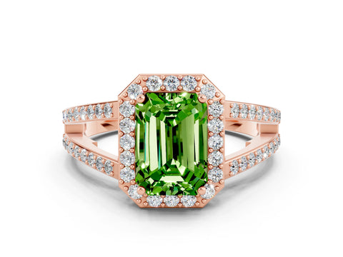 Rose gold Emerald Cut Peridot Halo Ring with Split Shank U-Prong Band and Four-Prong Setting