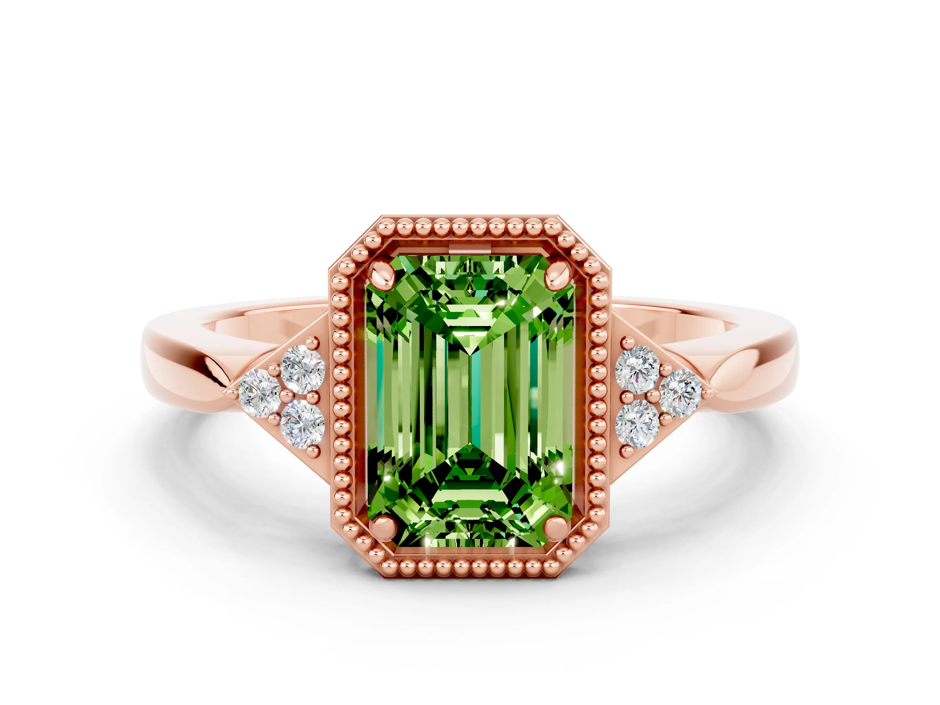 Rose gold Emerald Cut Peridot Halo Ring with Tapered Band and Four-Prong Setting