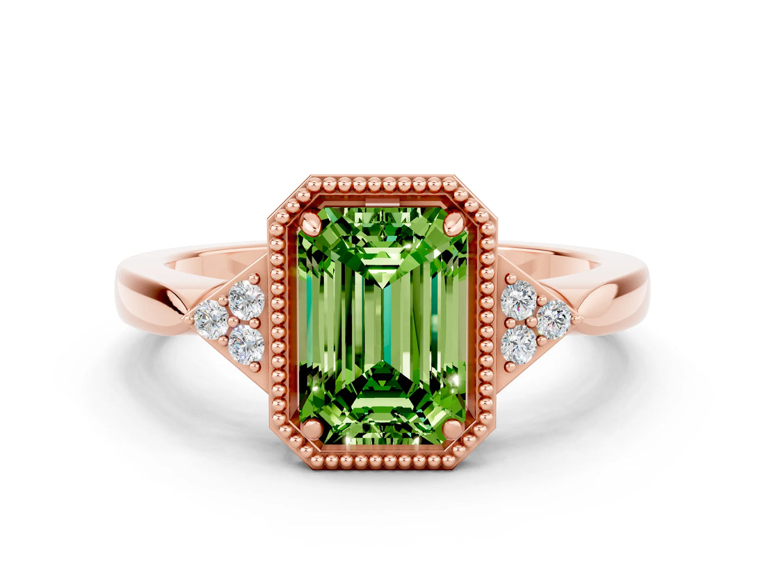 Rose gold Emerald Cut Peridot Halo Ring with Tapered Band and Four-Prong Setting