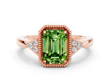 Rose gold Emerald Cut Peridot Halo Ring with Tapered Band and Four-Prong Setting