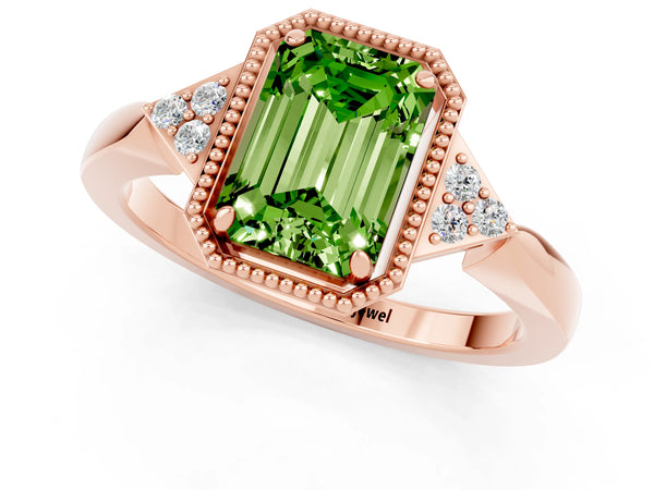 Rose gold Emerald Cut Peridot Halo Ring with Tapered Band and Four-Prong Setting