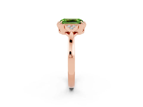 Rose gold Emerald Cut Peridot Halo Ring with Tapered Band and Four-Prong Setting_2