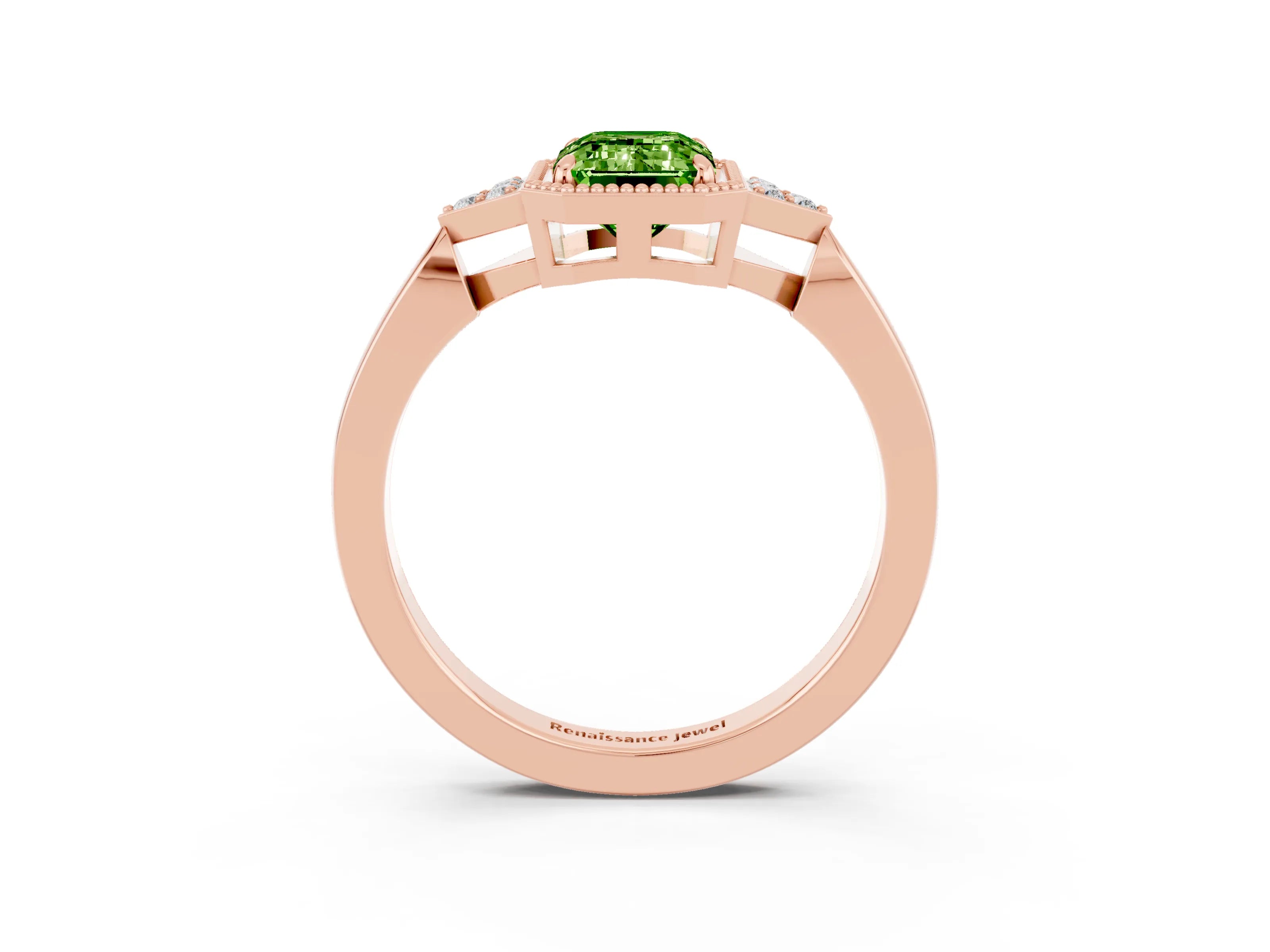 Rose gold Emerald Cut Peridot Halo Ring with Tapered Band and Four-Prong Setting_3