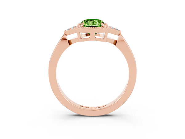 Rose gold Emerald Cut Peridot Halo Ring with Tapered Band and Four-Prong Setting
