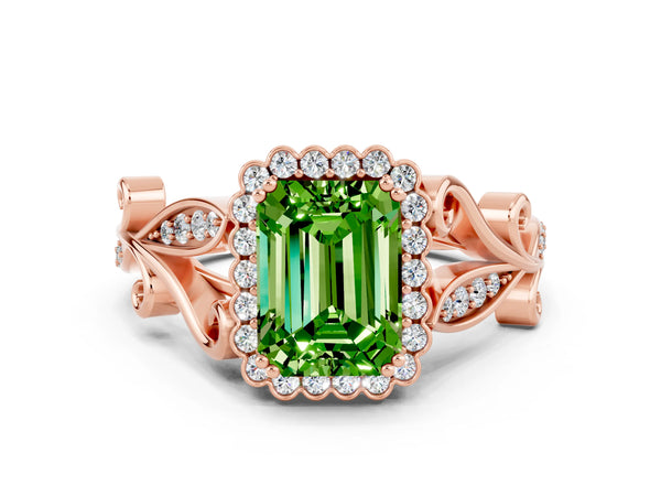 Rose gold Emerald Cut Peridot Halo Ring with Vintage Split Shank and Four-Prong Setting