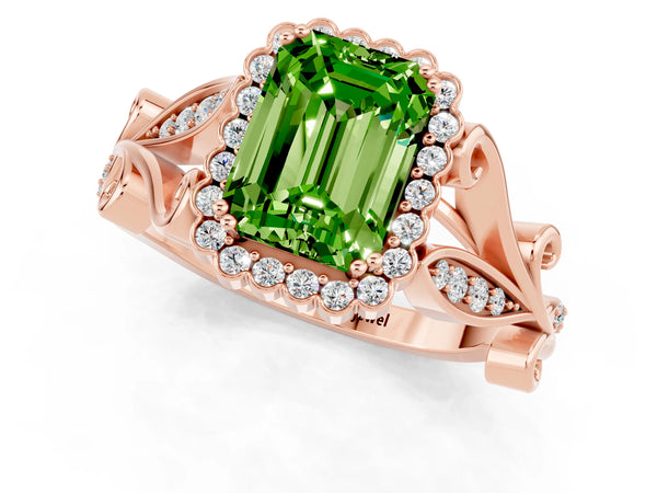 Rose gold Emerald Cut Peridot Halo Ring with Vintage Split Shank and Four-Prong Setting