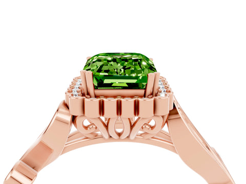 Rose gold Emerald Cut Peridot Halo Ring with Vintage Split Shank and Four-Prong Setting_4