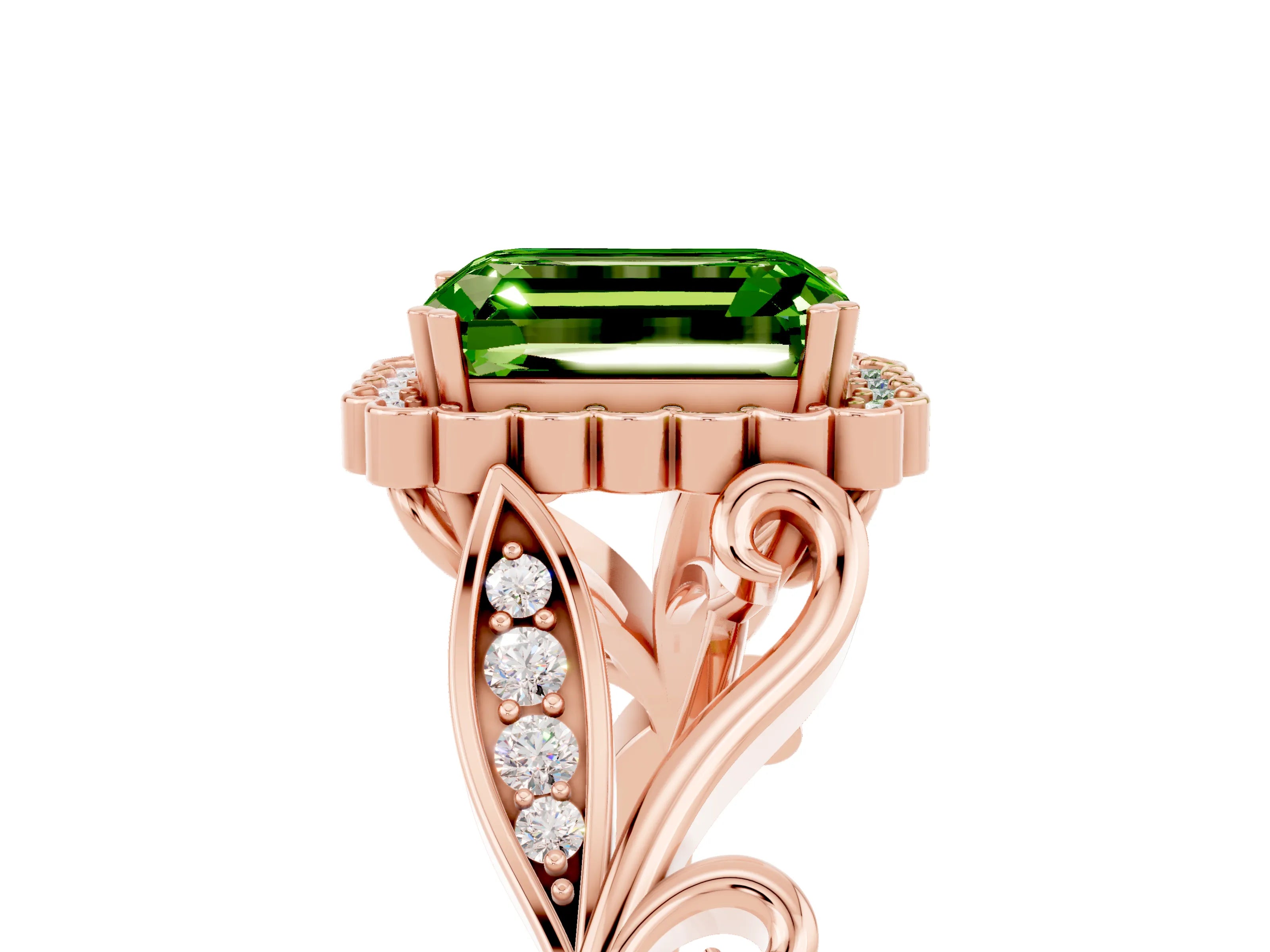 Rose gold Emerald Cut Peridot Halo Ring with Vintage Split Shank and Four-Prong Setting_5