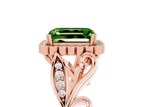 Rose gold Emerald Cut Peridot Halo Ring with Vintage Split Shank and Four-Prong Setting_5
