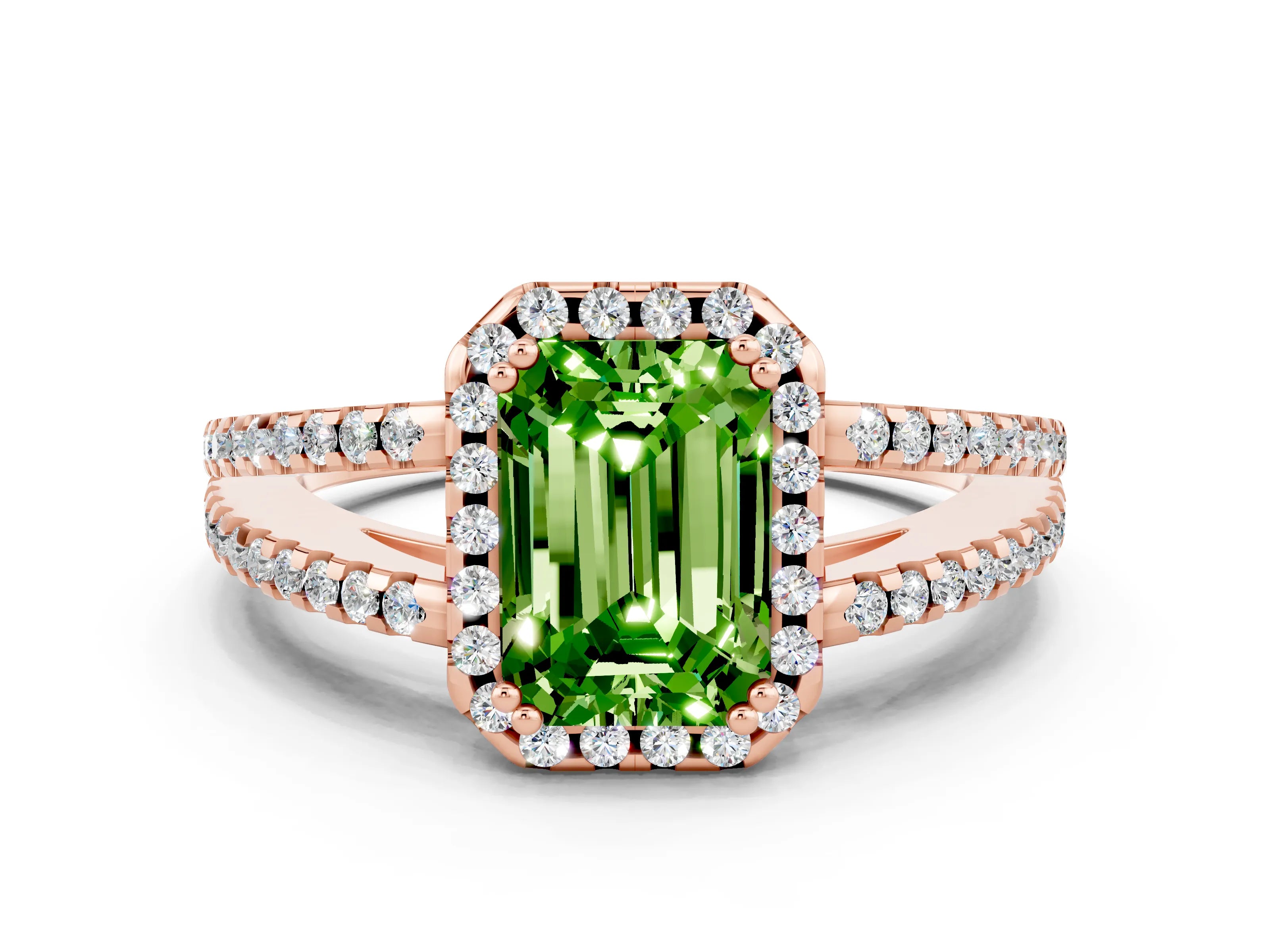 Rose gold Emerald Cut Peridot Halo Split Shank Engagement Ring_12