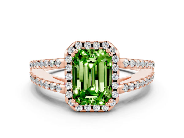 Rose gold Emerald Cut Peridot Halo Split Shank Engagement Ring
