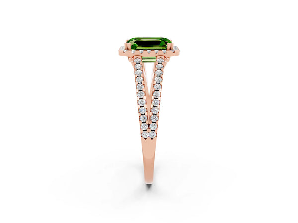 Rose gold Emerald Cut Peridot Halo Split Shank Engagement Ring