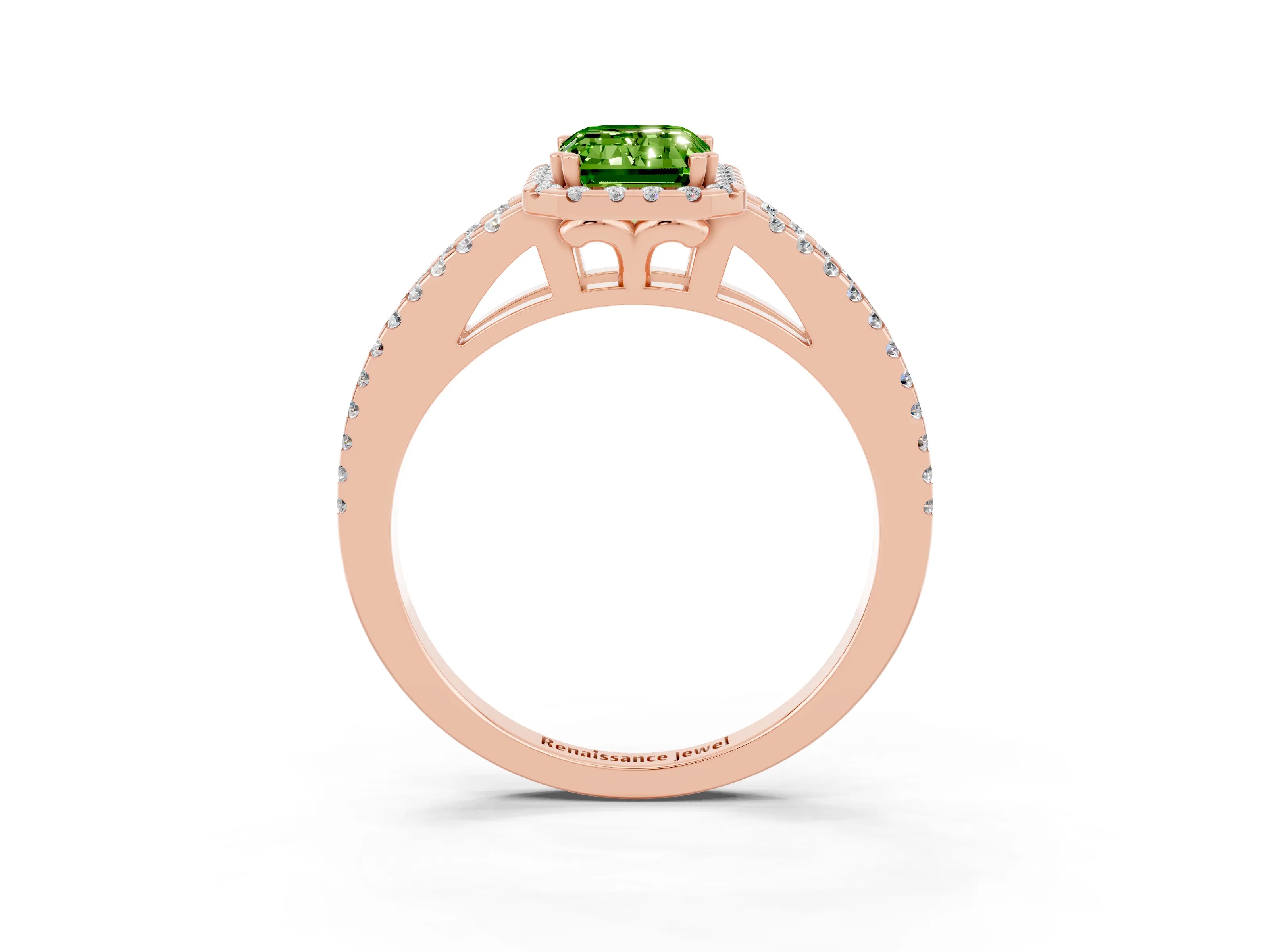 Rose gold Emerald Cut Peridot Halo Split Shank Engagement Ring_15
