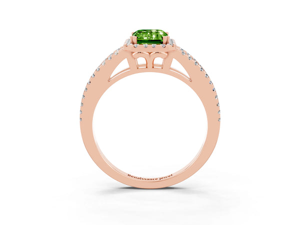 Rose gold Emerald Cut Peridot Halo Split Shank Engagement Ring
