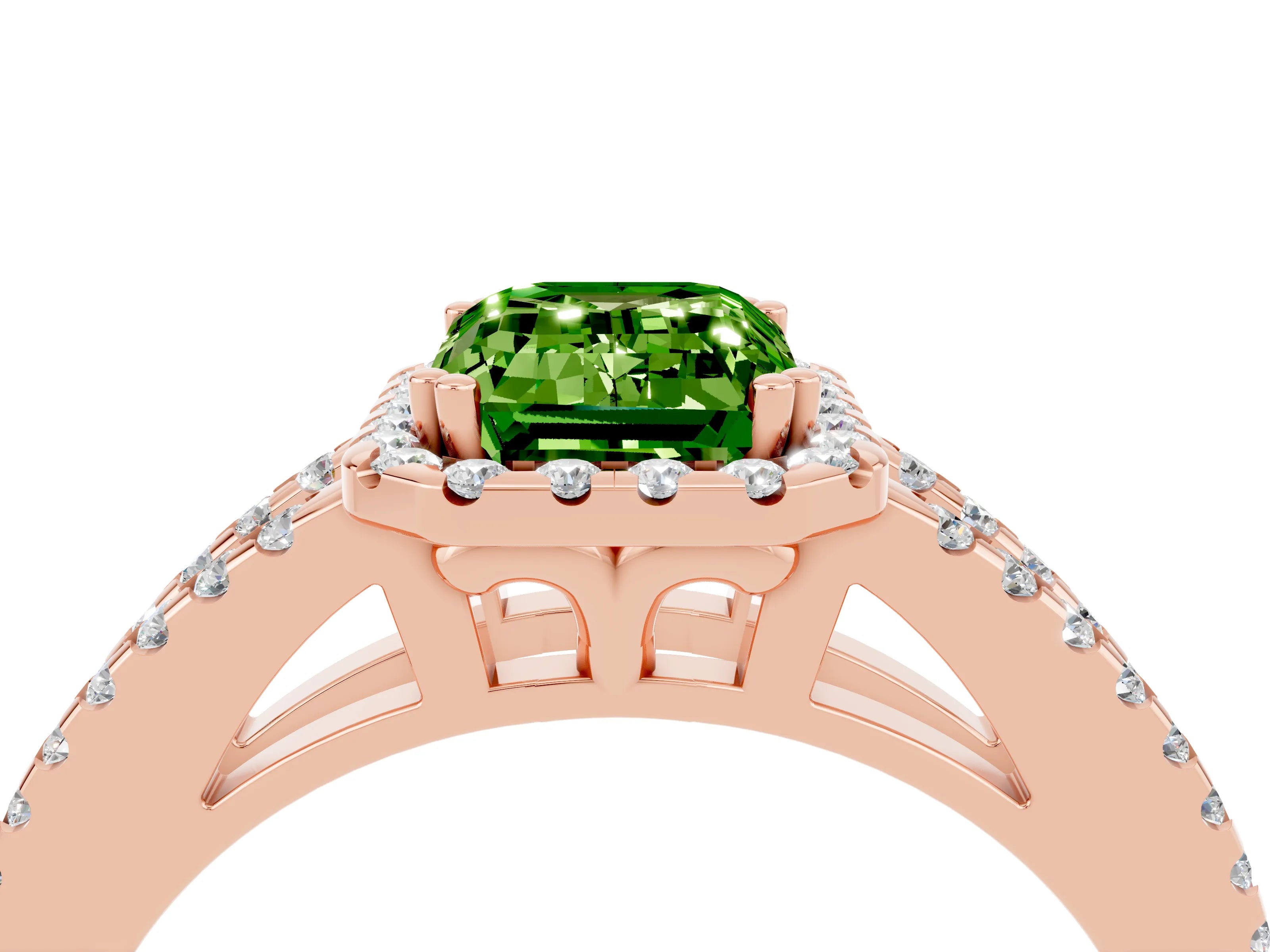 Rose gold Emerald Cut Peridot Halo Split Shank Engagement Ring_16