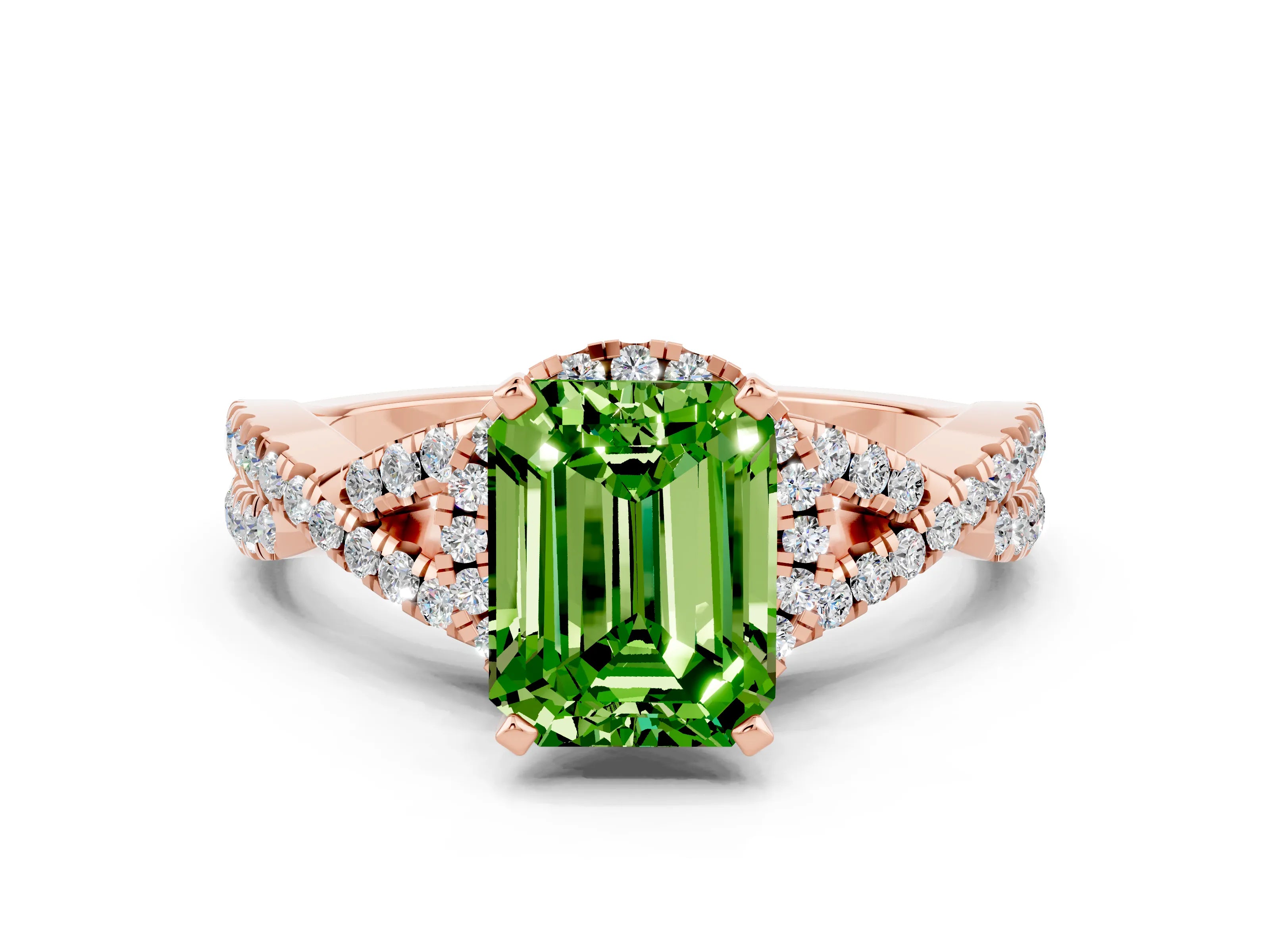 Rose gold Emerald Cut Peridot Halo Twist Band Solitaire Prong Setting Ring