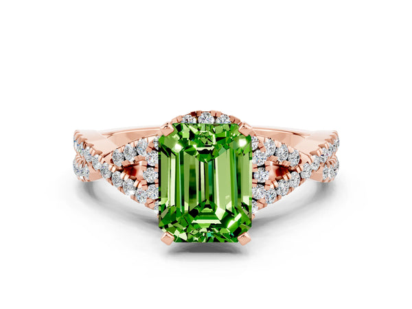 Rose gold Emerald Cut Peridot  Halo Twist Band Solitaire Prong Setting Ring